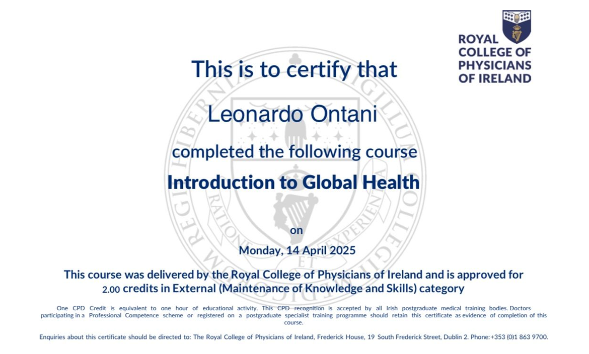 Dr Leonardo Ontani Infermiere Libero Professionista | Mobile Clinician | Consulenza e Formazione Primo Soccorso Aziendale assistenza a domicilio su Follonica e castiglione della pescaia, completa il corso “Introduction to Global Health” presso il Royal College of Physicians of Ireland